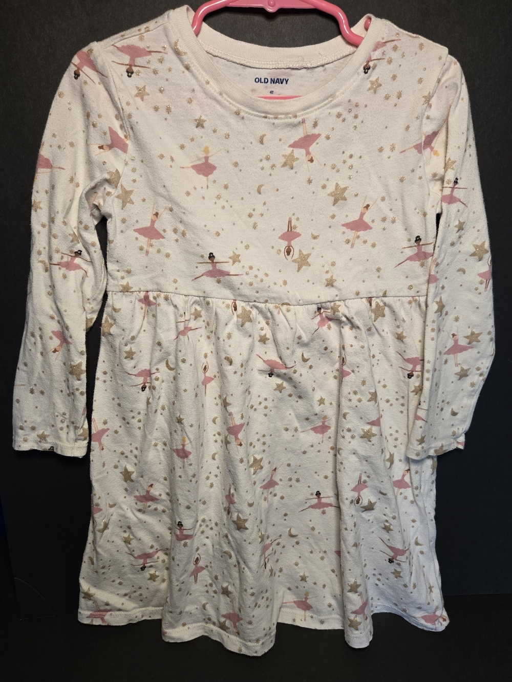 Old Navy White Dress-Style Pajamas with Pink Ballerinas and Gold Stars